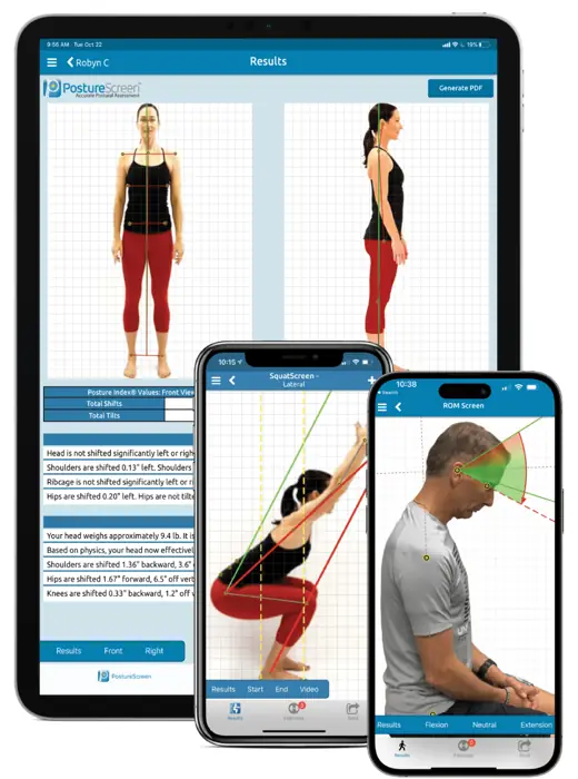 Scan postural numérique sur tablette et smartphone : mesures de posture de face et de profil, test de squat, amplitudes cervicales