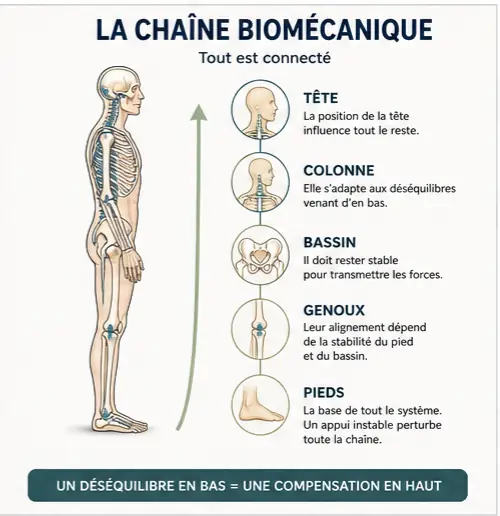 Infographie de la chaîne biomécanique : tête, colonne, bassin, genoux, pieds : tout est connecté