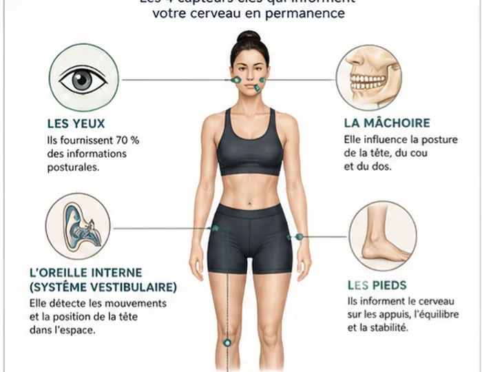 Infographie : les 4 capteurs posturaux (yeux, mâchoire, oreille interne, pieds)