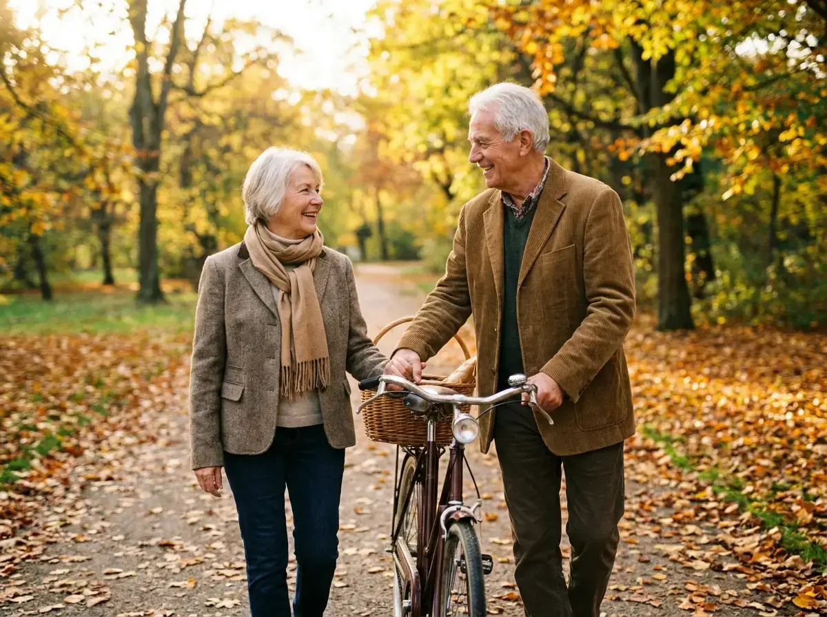 Couple de séniors actifs avec un vélo dans un parc