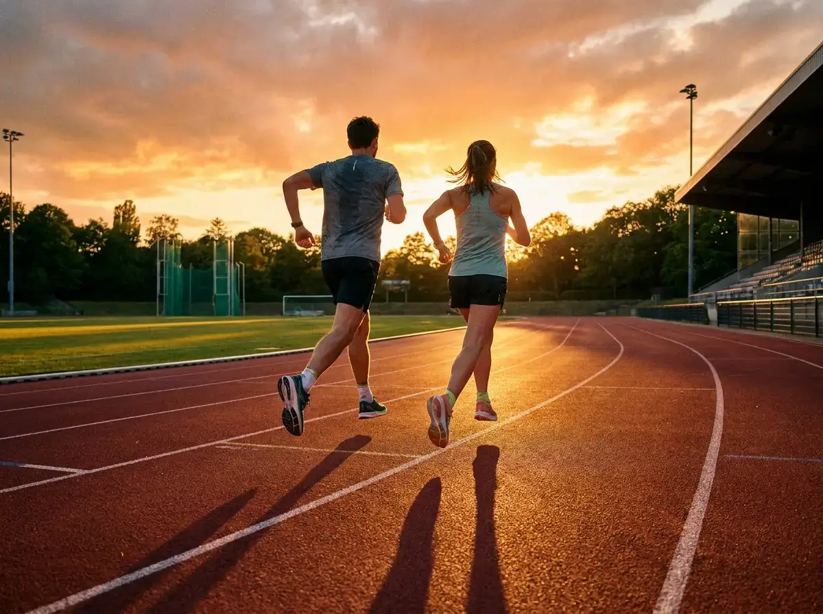 Deux coureurs sur une piste d'athlétisme au coucher du soleil