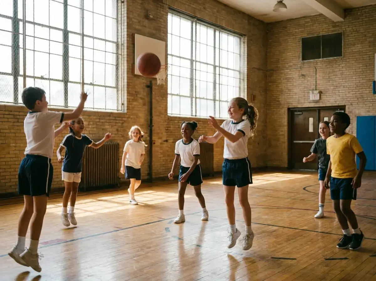 Enfants jouant au basketball dans un gymnase